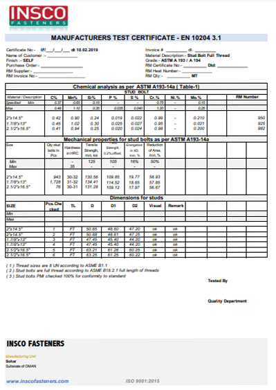 Manufacturers Test Certificate